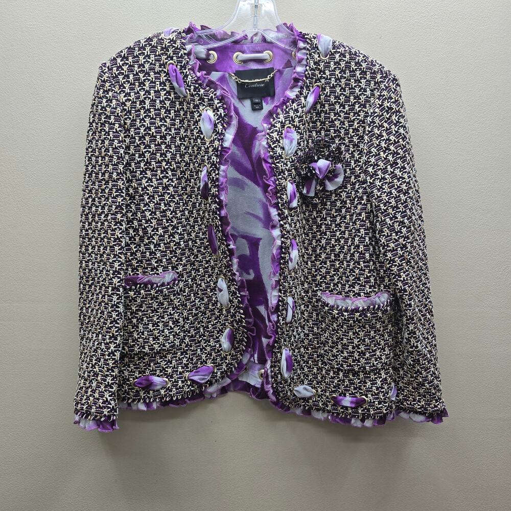 St. John Couture Tweed Jacket Women's 12 Purple White Work Wear Professional